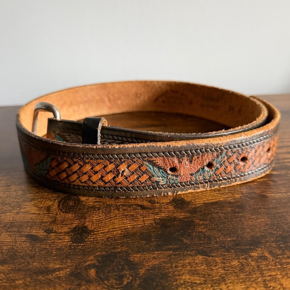 Vintage Tooled Leather Belt – Southwestern Motif – Made in USA - Picture 3 of 7